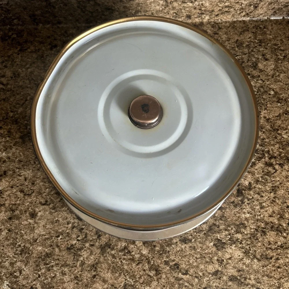 Vintage Metal Cake Carrier with Lid Gold Ivory Kitchen Pattern 10.5